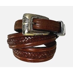 Tony Lama Mens 38 Leather Braided Belt Cognac Silver Buckle Western Style 7317L